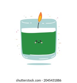 Cute cartoon green aroma candle. Spa supplies bright icon. Hand-drawn poster with shapes, circles, face. Japanese style character for decorating brochures, advertisements, shops.
