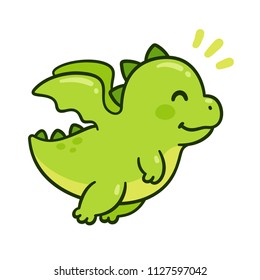 Cute cartoon green baby dragon flying. Funny little character drawing, isolated vector illustration.