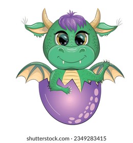 Cute cartoon green baby dragon with horns and wings. Symbol of 2024 according to the Chinese calendar. Funny mythical monster reptile