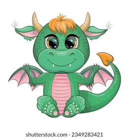 Cute cartoon green baby dragon with horns and wings. Symbol of 2024 according to the Chinese calendar. Funny mythical monster reptile