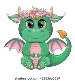 Cute cartoon green baby dragon with horns and wings. Symbol of 2024 according to the Chinese calendar. Funny mythical monster reptile