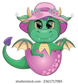 Cute cartoon green baby dragon in a summer hat, swim ring. Symbol of 2024 according to the Chinese calendar