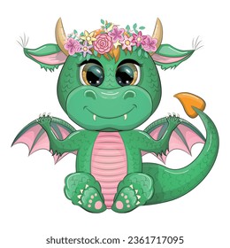 Cute cartoon green baby dragon with horns and wings. Symbol of 2024 according to the Chinese calendar. Funny mythical monster reptile