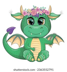Cute cartoon green baby dragon with horns and wings. Symbol of 2024 according to the Chinese calendar. Funny mythical monster reptile