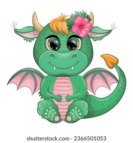 Cute cartoon green baby dragon with ukulele, holiday paraphernalia. Symbol of 2024 according to the Chinese calendar. Mythical reptile monster