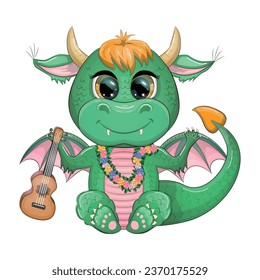 Cute cartoon green baby dragon with ukulele, holiday paraphernalia. Symbol of 2024 according to the Chinese calendar. Mythical reptile monster