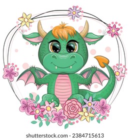 Cute cartoon green baby dragon with horns and wings. Symbol of 2024 according to the Chinese calendar. Funny mythical monster reptile.