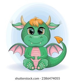 Cute cartoon green baby dragon with horns and wings. Symbol of 2024 according to the Chinese calendar. Funny mythical monster reptile.