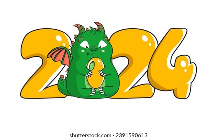 Cute cartoon green baby dragon with an inscription from the numbers 2024. Symbol of the new year. 