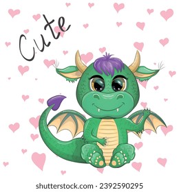 Cute cartoon green baby dragon with horns and wings. Symbol of 2024 according to the Chinese calendar. Funny mythical monster reptile.