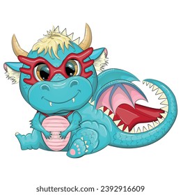 Cute cartoon green baby dragon in a red cape, super hero savior. Symbol of 2024 according to the Chinese calendar. Mythical reptile monster