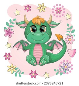 Cute cartoon green baby dragon with horns and wings. Symbol of 2024 according to the Chinese calendar. Funny mythical monster reptile.