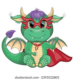 Cute cartoon green baby dragon in a red cape, super hero savior. Symbol of 2024 according to the Chinese calendar. Mythical reptile monster