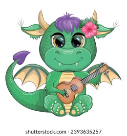 Cute cartoon green baby dragon with ukulele, holiday paraphernalia. Symbol of 2024 according to the Chinese calendar. Mythical reptile monster