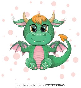 Cute cartoon green baby dragon with horns and wings. Symbol of 2024 according to the Chinese calendar. Funny mythical monster reptile.