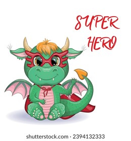 Cute cartoon green baby dragon in a red cape, super hero savior. Symbol of 2024 according to the Chinese calendar. Mythical reptile monster