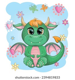 Cute cartoon green baby dragon with horns and wings. Symbol of 2024 according to the Chinese calendar. Funny mythical monster reptile.
