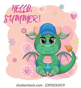 Cute cartoon green baby dragon in a summer hat, swim ring. Symbol of 2024 according to the Chinese calendar.