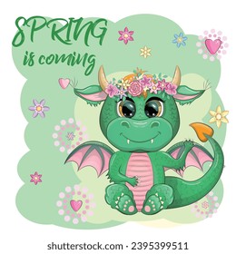 Cute cartoon green baby dragon with horns and wings. Symbol of 2024 according to the Chinese calendar. Spring is coming