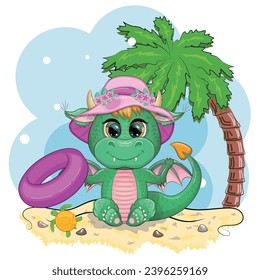 Cute cartoon green baby dragon in a hat on the beach in Hawaii. Symbol of 2024 according to the Chinese calendar. Mythical reptile monster