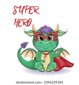 Cute cartoon green baby dragon in a red cape, super hero savior. Symbol of 2024 according to the Chinese calendar. Mythical reptile monster