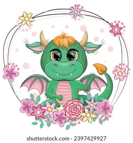 Cute cartoon green baby dragon with horns and wings. Symbol of 2024 according to the Chinese calendar. Funny mythical monster reptile.