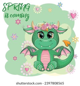 Cute cartoon green baby dragon with horns and wings. Symbol of 2024 according to the Chinese calendar. Spring is coming