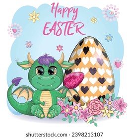 Cute cartoon green baby dragon with an easter egg. Symbol of 2024 according to the Chinese calendar.