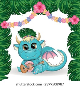 Cute cartoon green baby dragon with ukulele on the beach. Symbol of 2024 according to the Chinese calendar. Mythical reptile monster