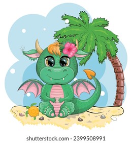 Cute cartoon green baby dragon with ukulele on the beach. Symbol of 2024 according to the Chinese calendar. Mythical reptile monster