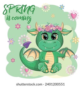 Cute cartoon green baby dragon with horns and wings. Symbol of 2024 according to the Chinese calendar. Spring is coming
