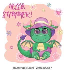 Cute cartoon green baby dragon in a summer hat, swim ring. Symbol of 2024 according to the Chinese calendar