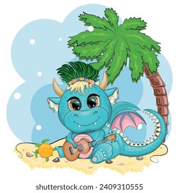 Cute cartoon green baby dragon with ukulele on the beach. Symbol of 2024 according to the Chinese calendar. Mythical reptile monster