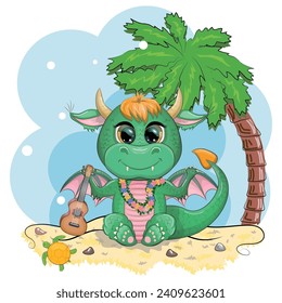 Cute cartoon green baby dragon with ukulele on the beach. Symbol of 2024 according to the Chinese calendar. Mythical reptile monster