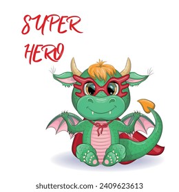 Cute cartoon green baby dragon in a red cape, super hero savior. Symbol of 2024 according to the Chinese calendar. Mythical reptile monster