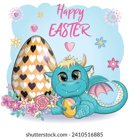 Cute cartoon green baby dragon with an easter egg. Symbol of 2024 according to the Chinese calendar.