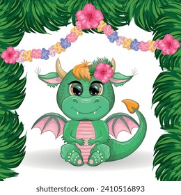 Cute cartoon green baby dragon with ukulele on the beach. Symbol of 2024 according to the Chinese calendar. Mythical reptile monster