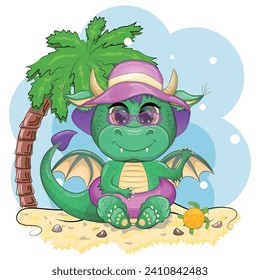 Cute cartoon green baby dragon in a hat on the beach in Hawaii. Symbol of 2024 according to the Chinese calendar. Mythical reptile monster