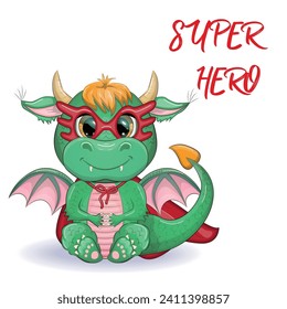 Cute cartoon green baby dragon in a red cape, super hero savior. Symbol of 2024 according to the Chinese calendar. Mythical reptile monster