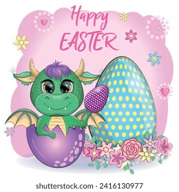 Cute cartoon green baby dragon with an easter egg. Symbol of 2024 according to the Chinese calendar.