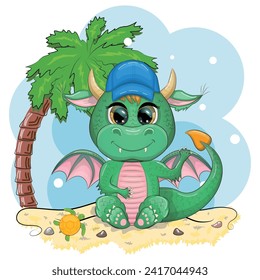 Cute cartoon green baby dragon in a hat on the beach in Hawaii. Symbol of 2024 according to the Chinese calendar. Mythical reptile monster