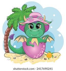 Cute cartoon green baby dragon in a hat on the beach in Hawaii. Symbol of 2024 according to the Chinese calendar. Mythical reptile monster