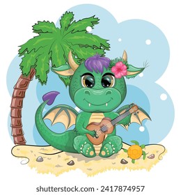 Cute cartoon green baby dragon with ukulele on the beach. Symbol of 2024 according to the Chinese calendar. Mythical reptile monster