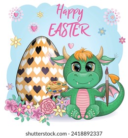 Cute cartoon green baby dragon with an easter egg. Symbol of 2024 according to the Chinese calendar.