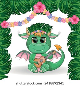 Cute cartoon green baby dragon with ukulele on the beach. Symbol of 2024 according to the Chinese calendar. Mythical reptile monster