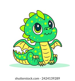 Cute cartoon green baby dragon on white background. Vector illustration.