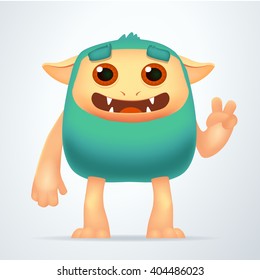 Cute Cartoon Green beast with victory gesture. Fun Fluffy impossible creature isolated on white background.