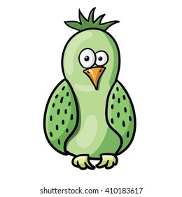 Cute cartoon green bird with black contour isolated in white background. Parrot. Vector illustration. 