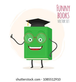 Cute cartoon green book character with smiling faces and academy hat. Vector illustration icon isolated on white background. EPS 10.
