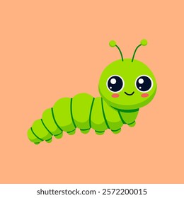 Cute cartoon green caterpillar on peach background.